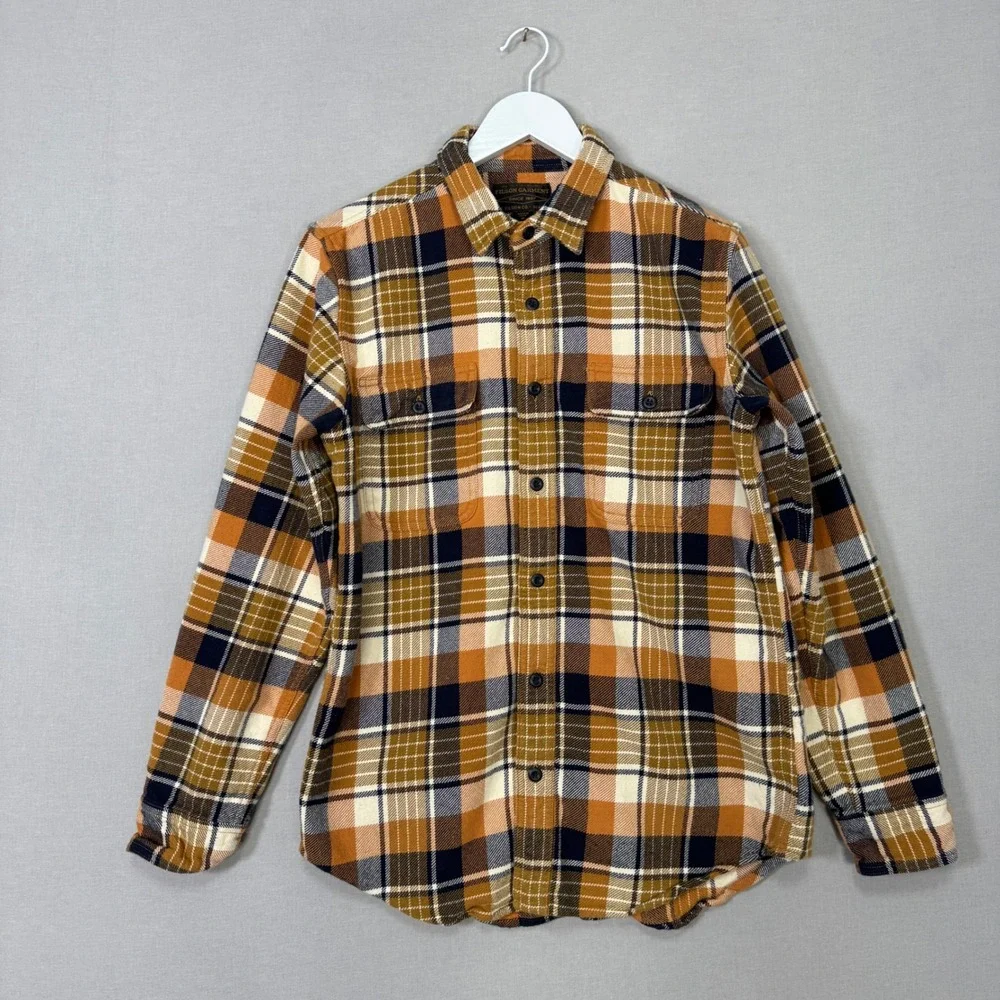 Filson Vintage Flannel Work Shirt Mens M Navy Cumin Plaid Thick Brushed Cotton